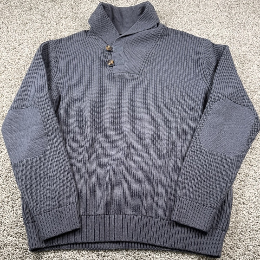 Duluth Trading Co Sweater Brigadier Shawl Collar Wool Blend Knit Blue Gray‎ Lg